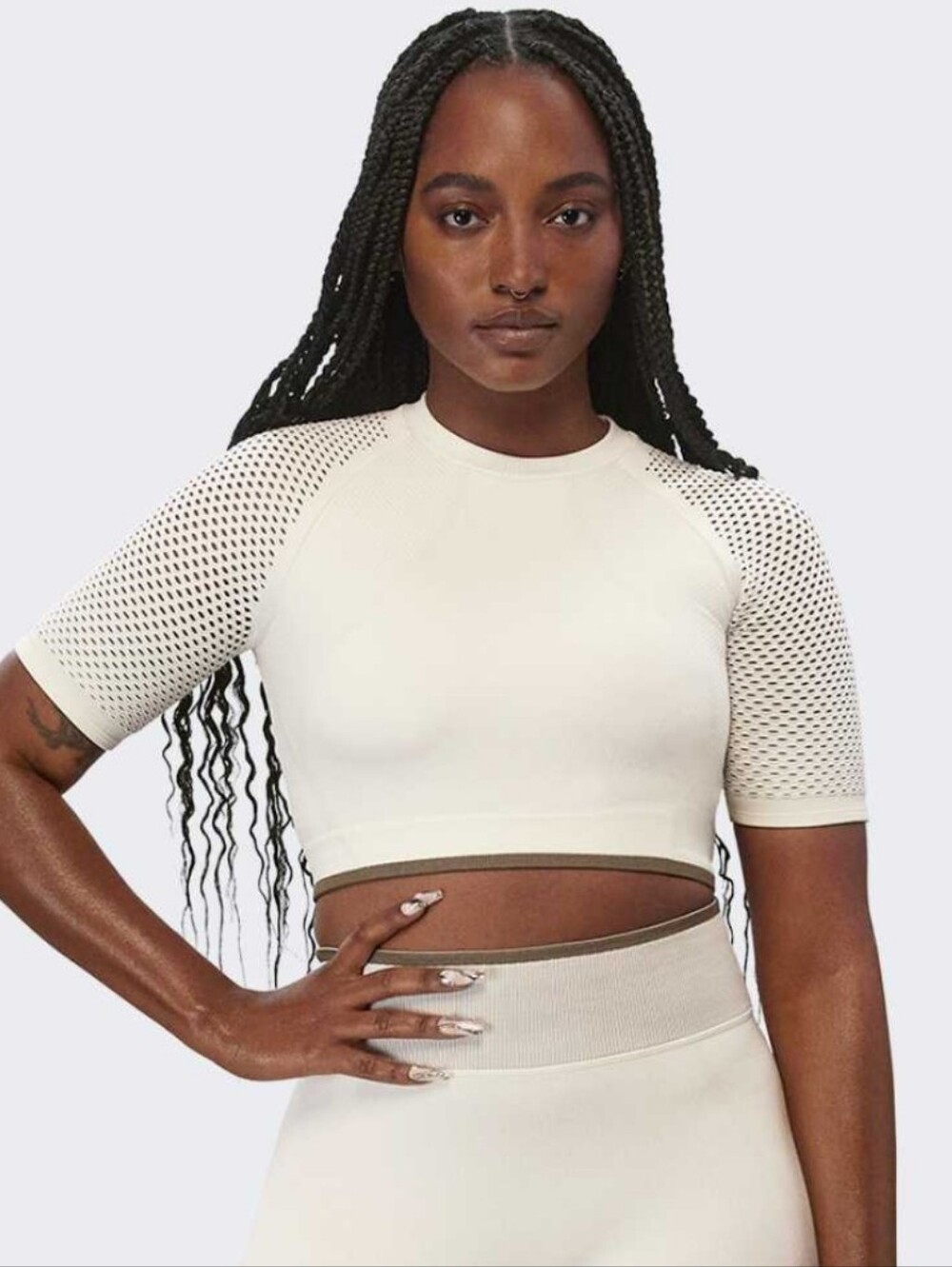 IVY PARK Seamless White Crop Top with Mesh Sleeves